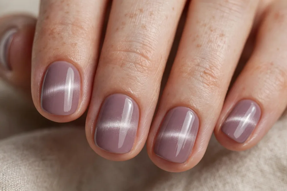 Mauve cat eye nails with a soft band of light on short round nails