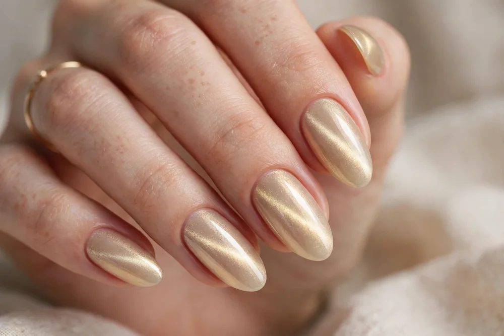 Champagne gold cat eye nails on almond nails with shimmering light band