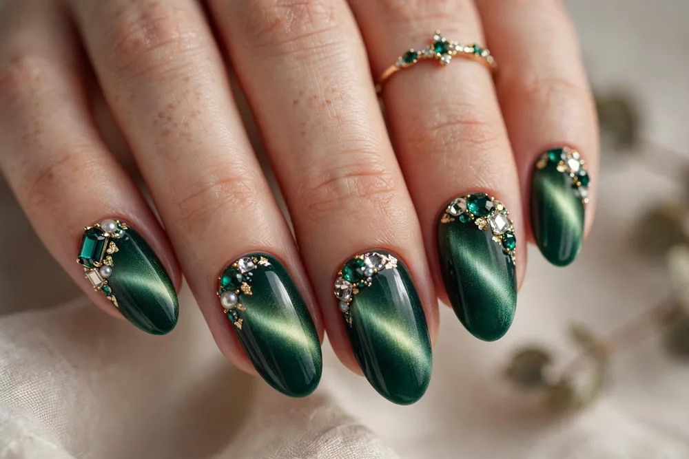 Emerald green velvet cat eye nails with wide soft glow band