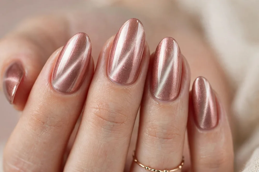 Rose gold metallic cat eye nails with bright light streak on almond nails