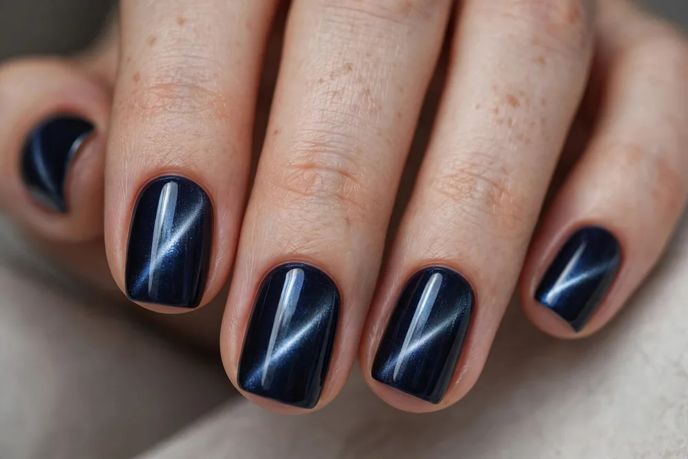 Midnight blue cat eye nails with silver light band on short squoval nails