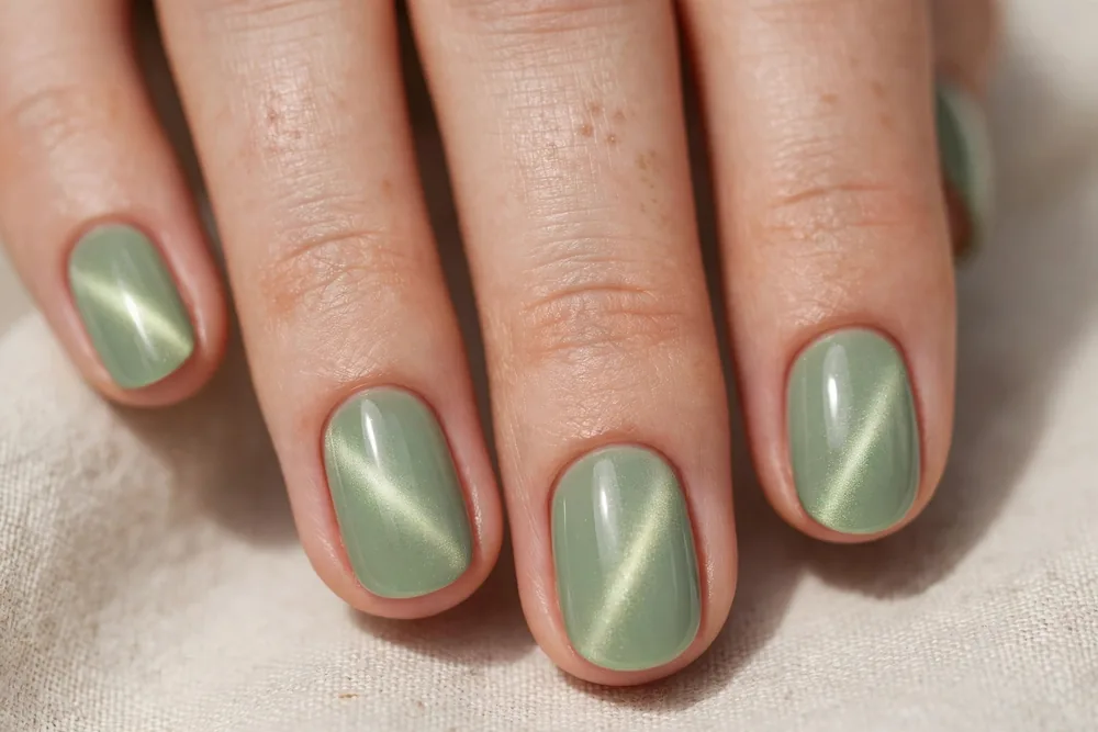 Sage green cat eye nails with gentle soft glow on short oval nails