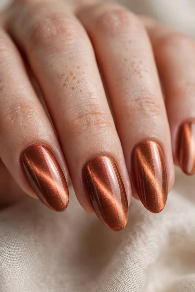 Copper velvet cat eye nails with warm molten glow on almond nails