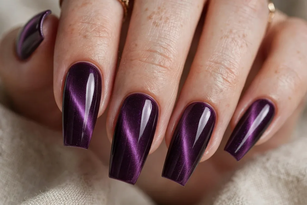 Deep plum cat eye nails with rich wide glow on coffin nails