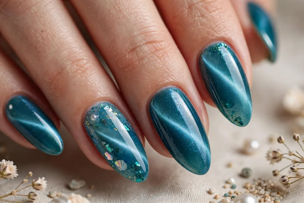 Teal ocean cat eye nails with shimmering band on long almond nails