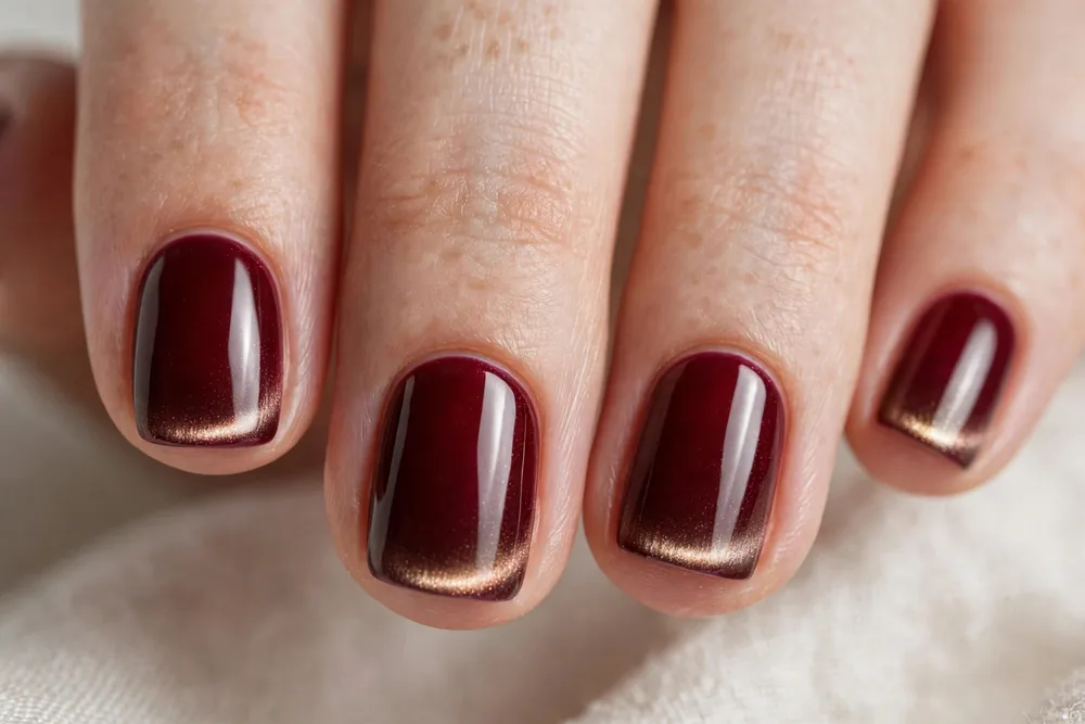 Cat eye nails with reverse tip glow effect fading toward cuticle