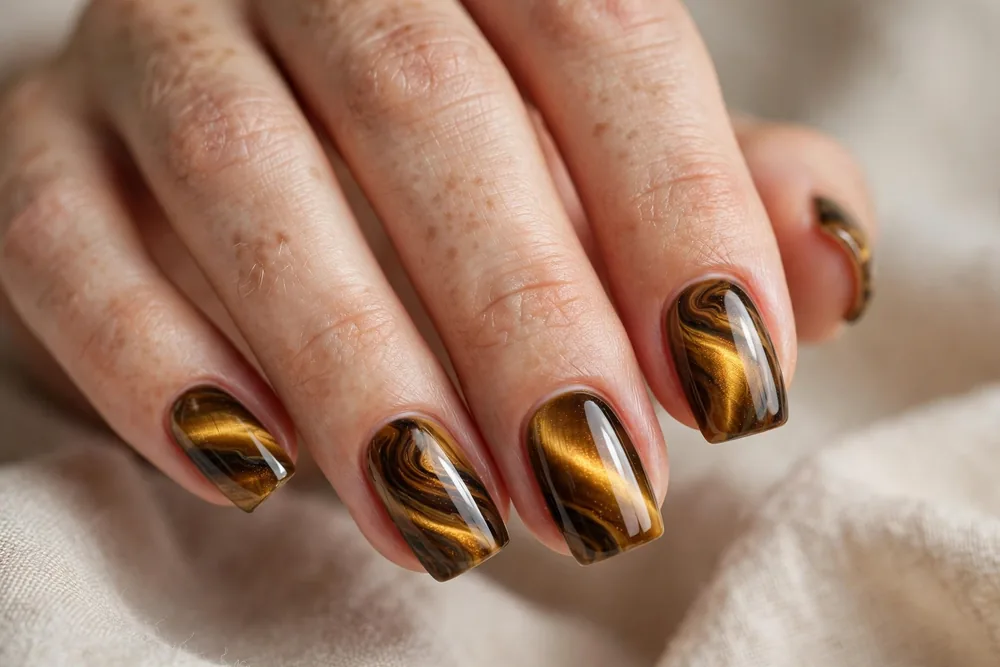 Tiger eye gemstone cat eye nails with gold and brown jelly layers