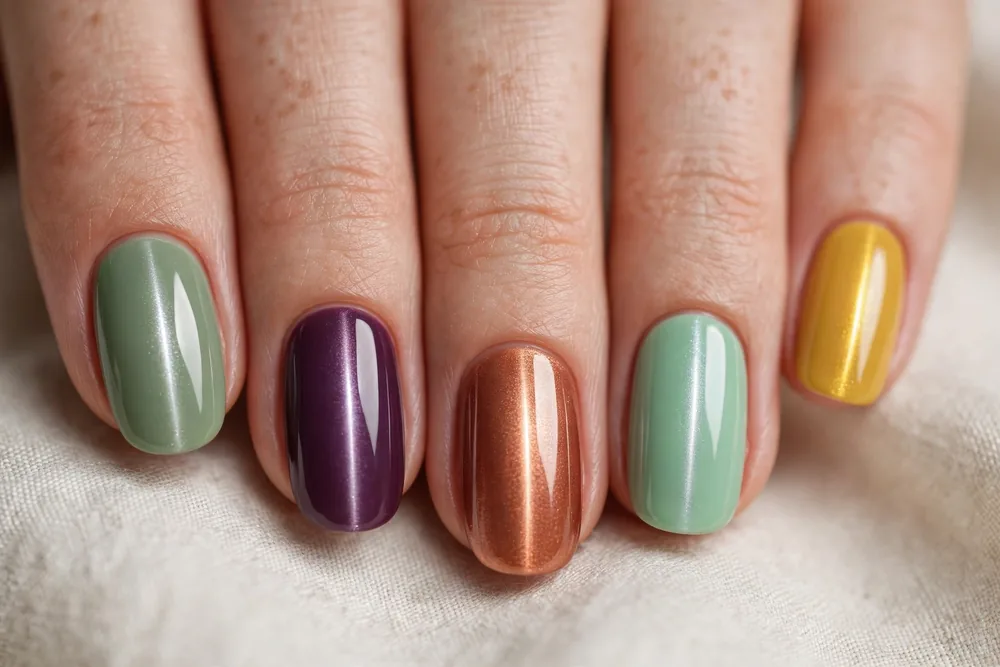 Mismatch rainbow cat eye nails with consistent centered light band