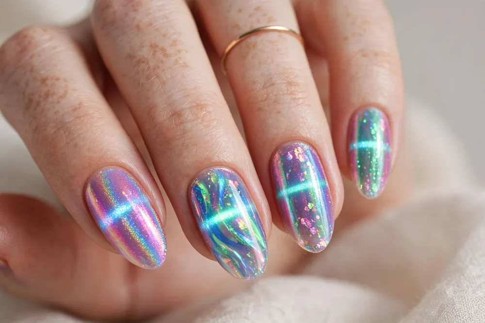 Holographic aurora cat eye nails with rainbow flashes and light band