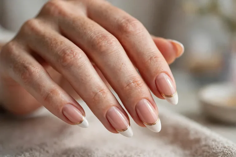 A modern French manicure with nude pink base, white tips and a thin gold stripe