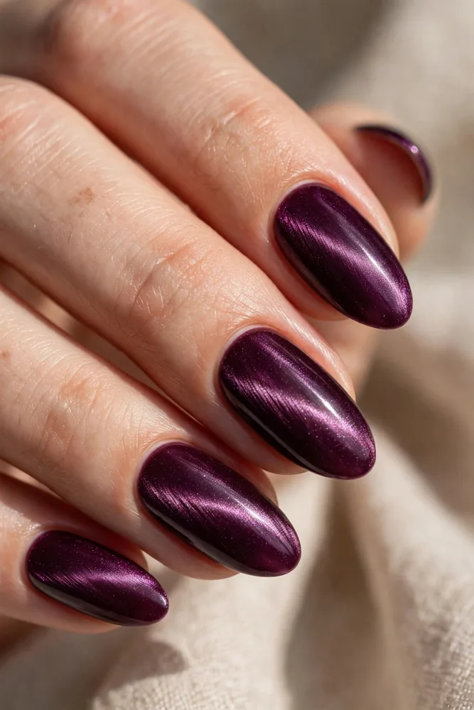 Deep plum velvet cat-eye nails with soft shimmering finish