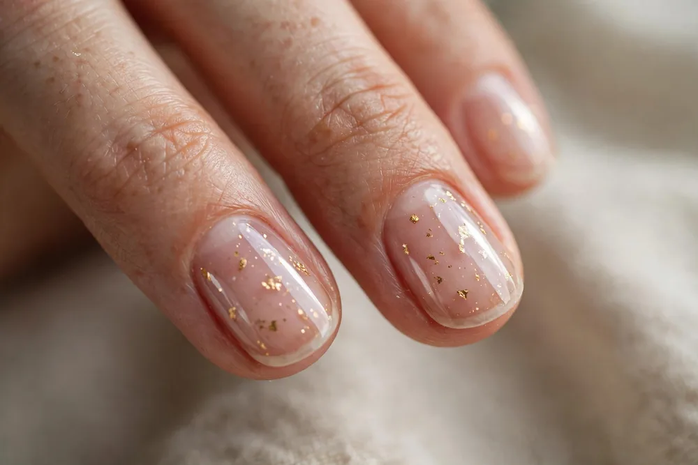 Clear natural nails with tiny gold flakes suspended under a glossy top coat