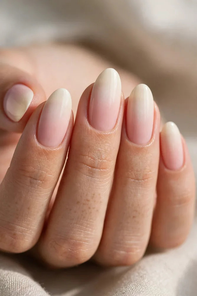 Soft pastel gradient nails blending blush pink into cream