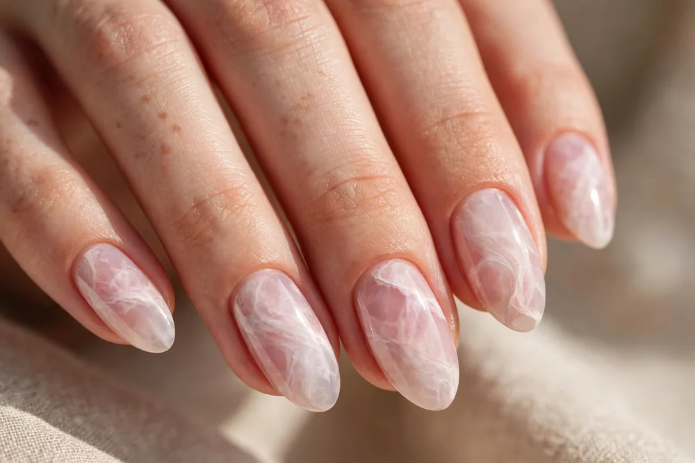 Rose quartz inspired nails with pink and milky white marbling