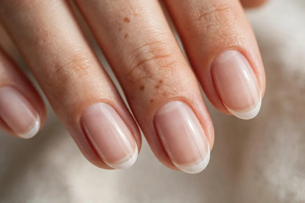 Minimalist French manicure with sheer nude base and ultra-thin white tips