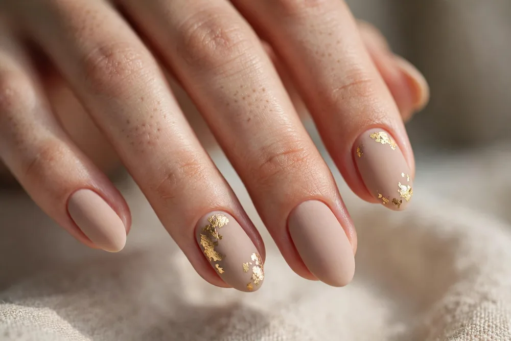 Matte nude nails with small gold foil accents on two fingers