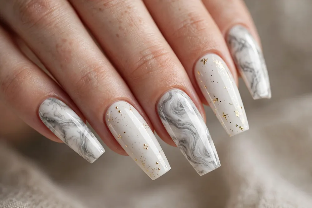 White and grey marble effect nails alternating with solid white nails with gold detail