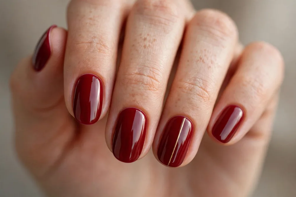 Glossy deep red manicure on medium oval nails with a single gold accent