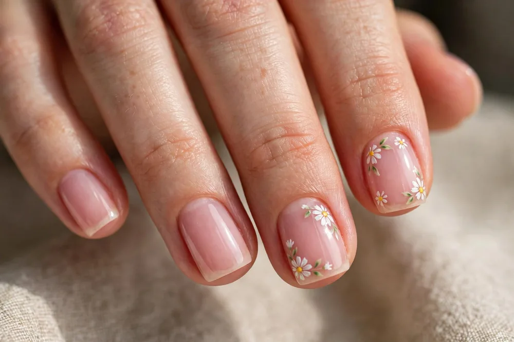 Sheer pink nails with delicate white floral nail art on accent nails