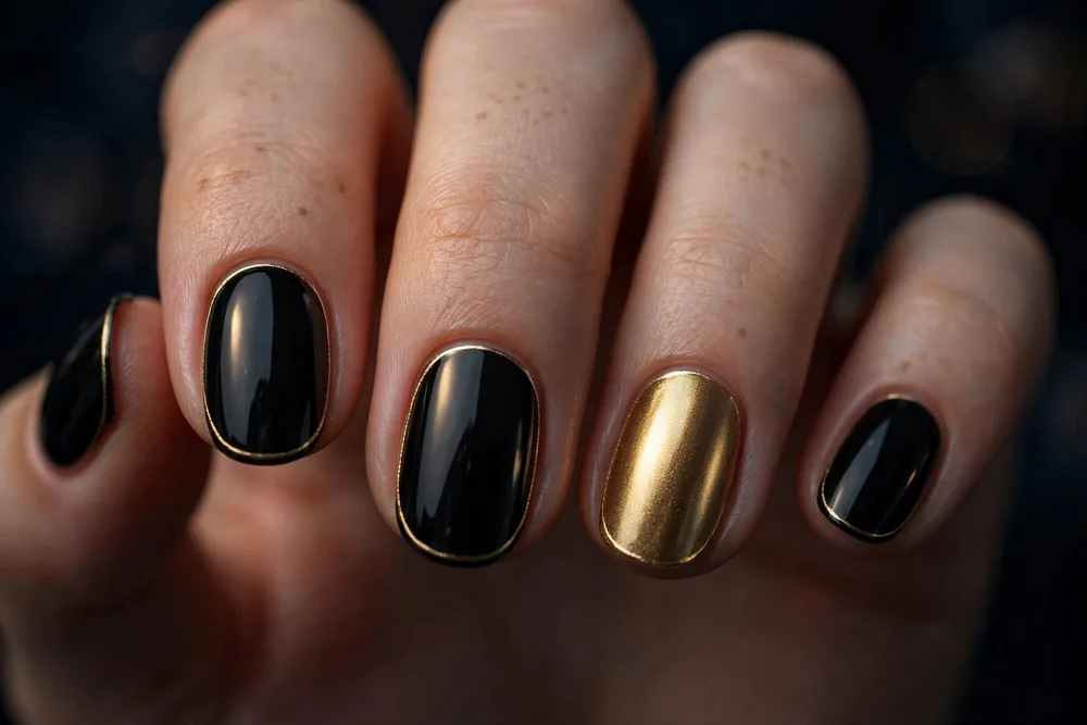 Glossy black nails with metallic gold accent nails and thin gold outlining