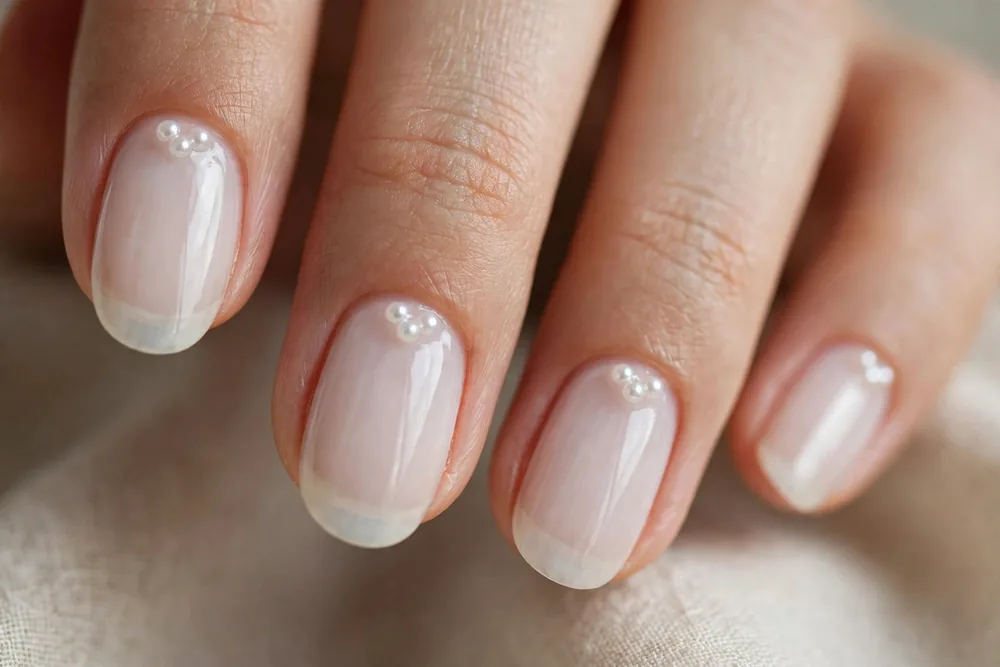 Sheer milky nails with small pearl accents near the cuticles