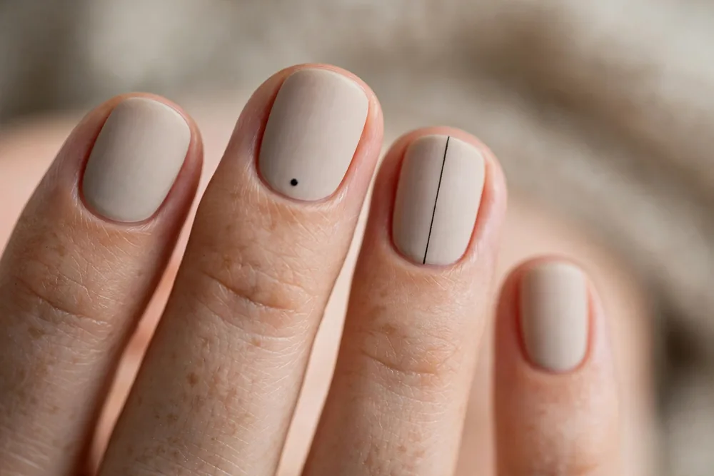 Neutral beige nails with tiny minimalist dot and line nail art