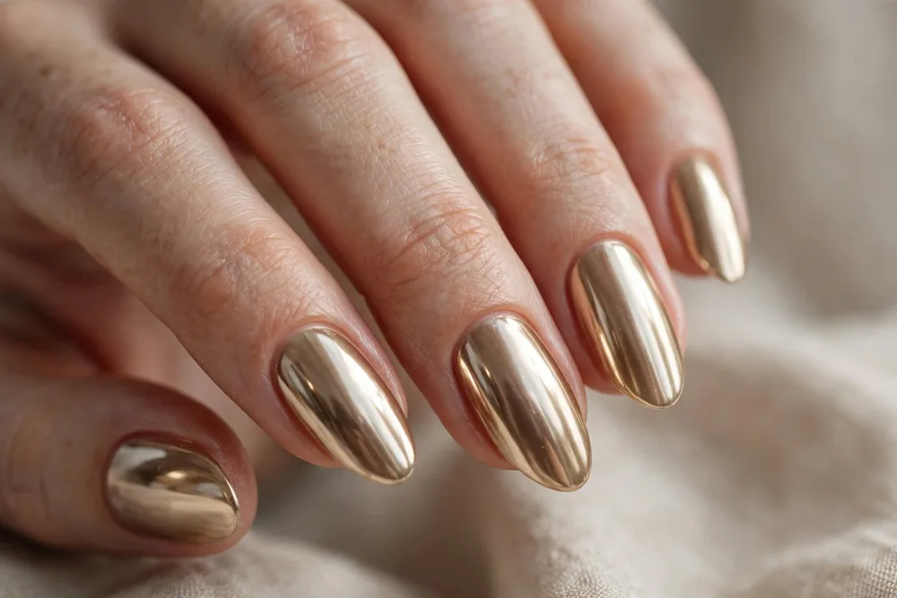 Champagne chrome metallic nails with a smooth mirror shine on almond nails