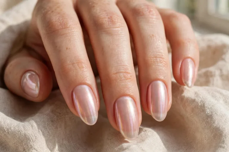 Glazed donut nails with sheer milky chrome finish