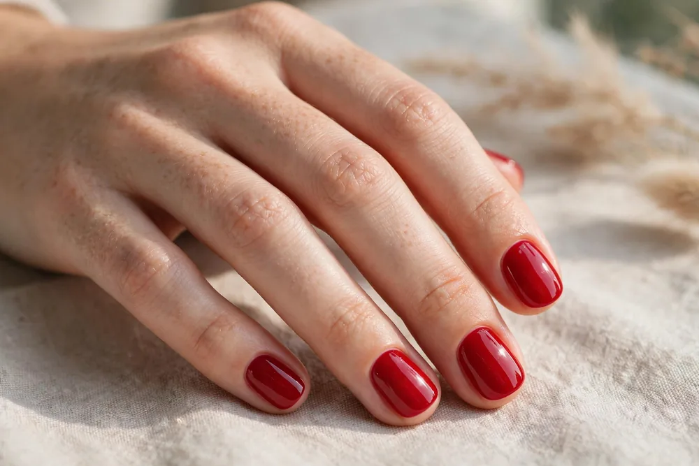 Cherry red glossy short nails