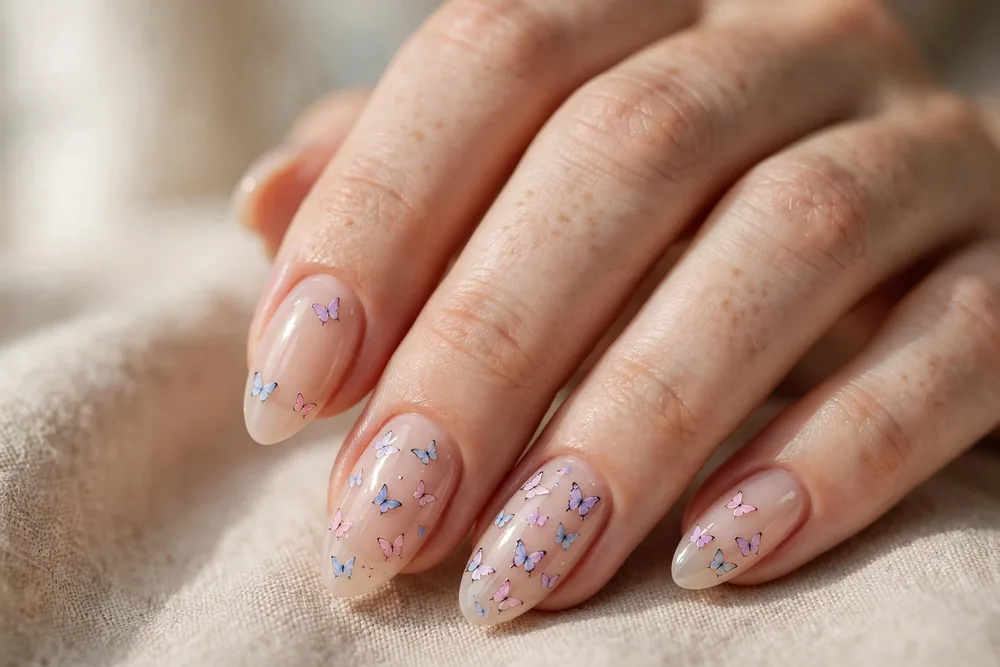 Nude nails with delicate butterfly wing accents