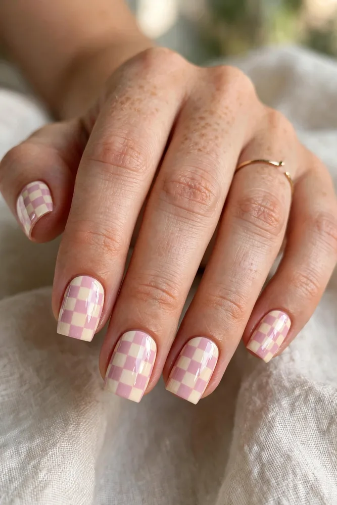 Checkerboard nail art in pastel colors