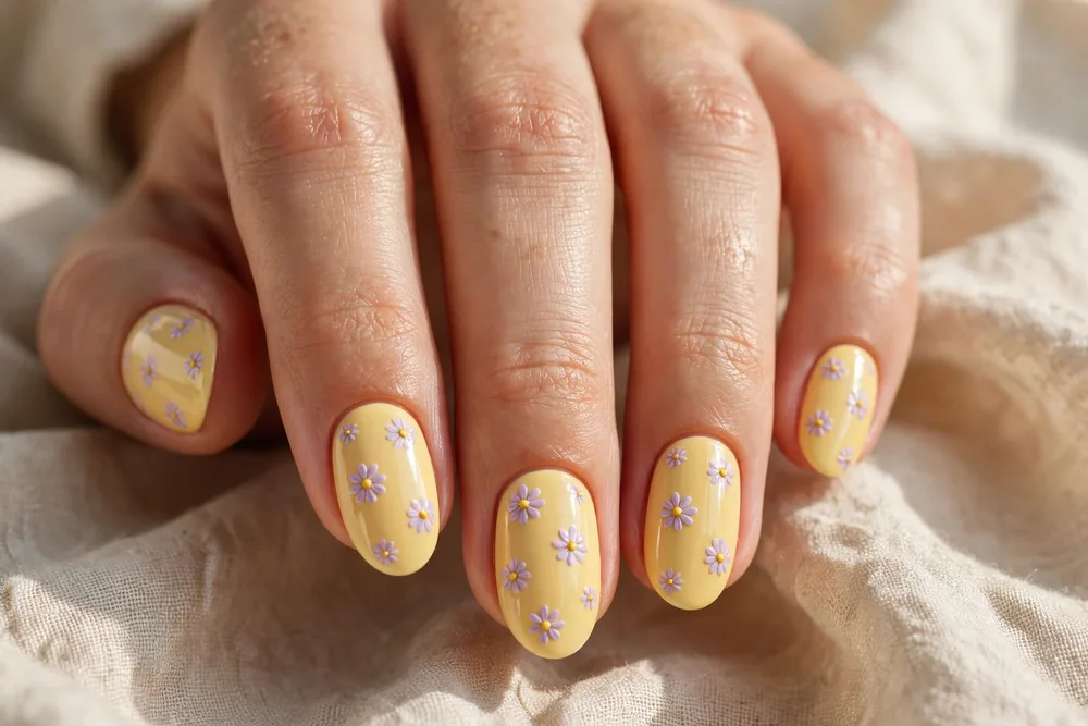Mellow yellow nails with lavender daisy flowers