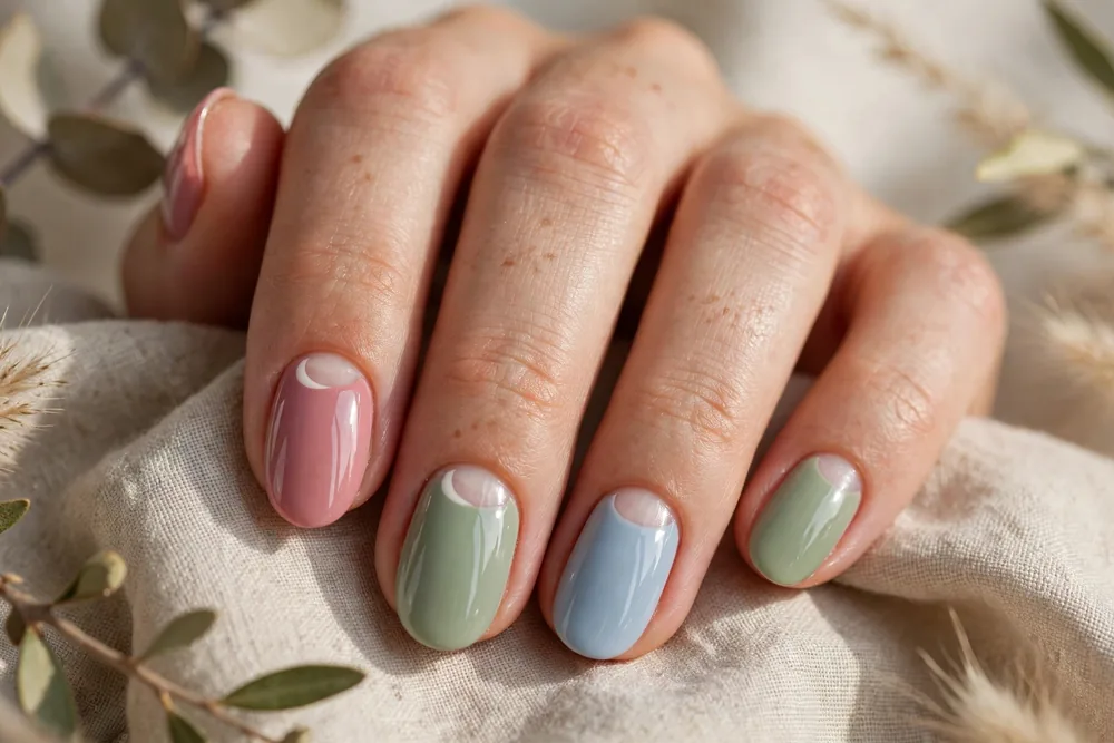 Half moon pastel nails with retro design