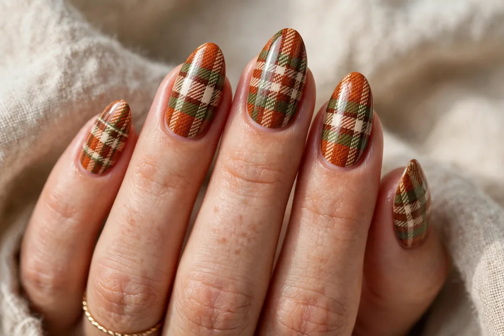 Cozy fall plaid nail art in warm tones