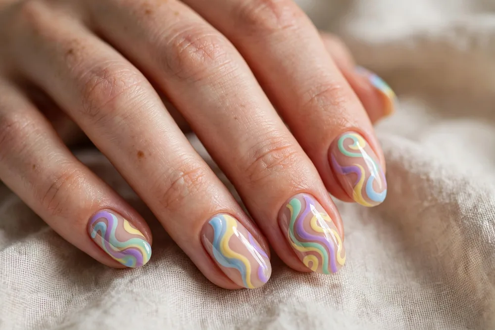 Pastel swirl nail art with retro wavy lines