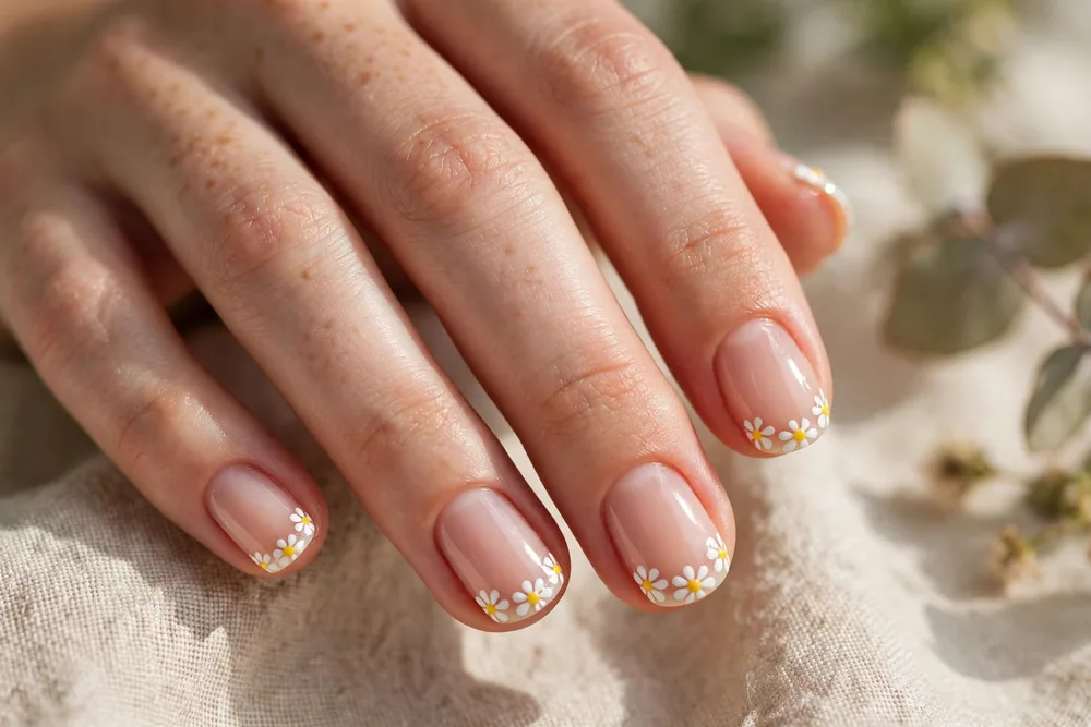Daisy French tip nails with white daisy petals