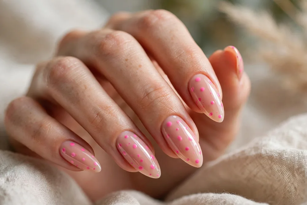 Pink polka dot nails on almond shaped nails