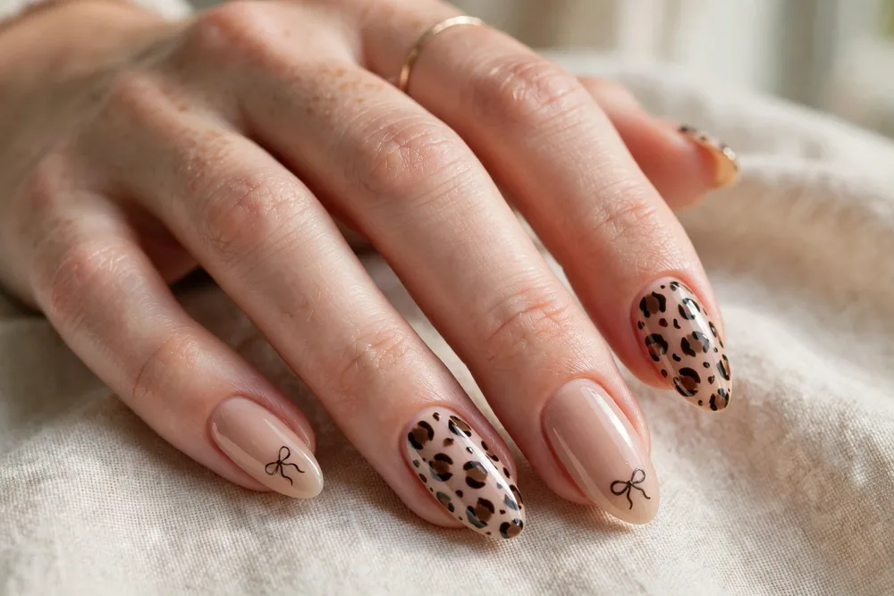 Leopard print nails with tiny bow accents