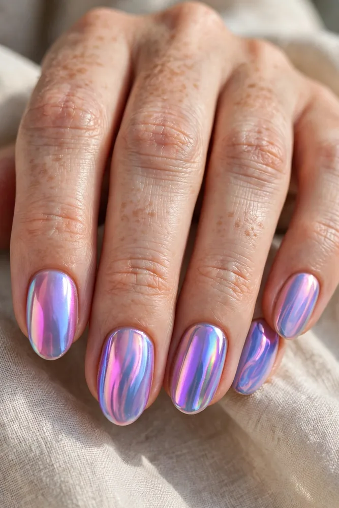 Aurora chrome nails with iridescent shifting colors