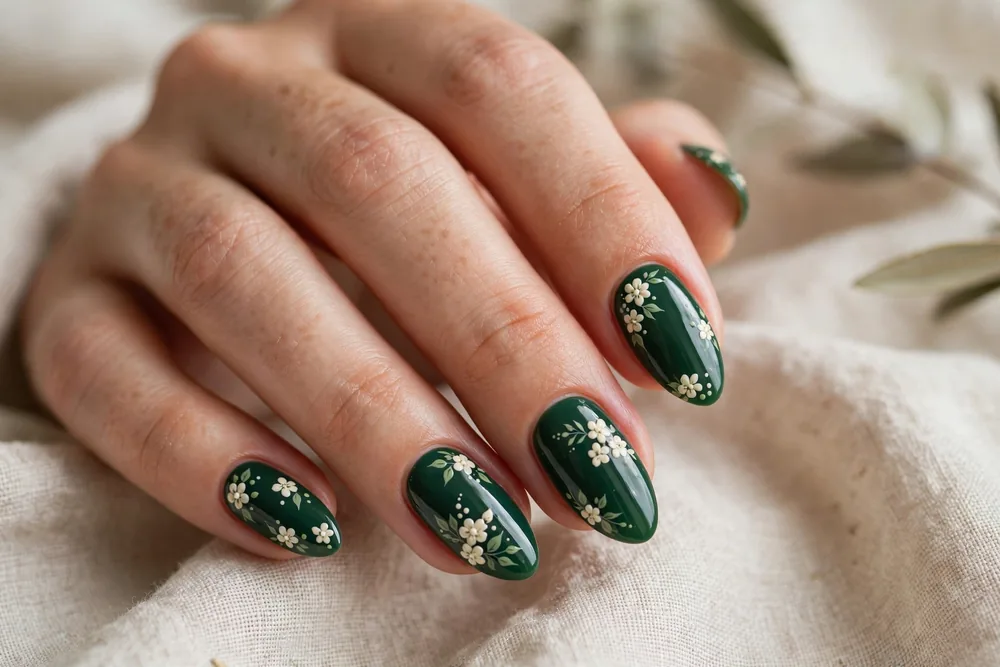Green and cream floral nail art