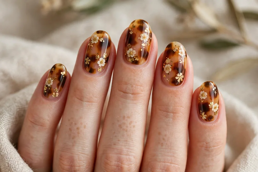 Tortoiseshell nails with delicate floral details