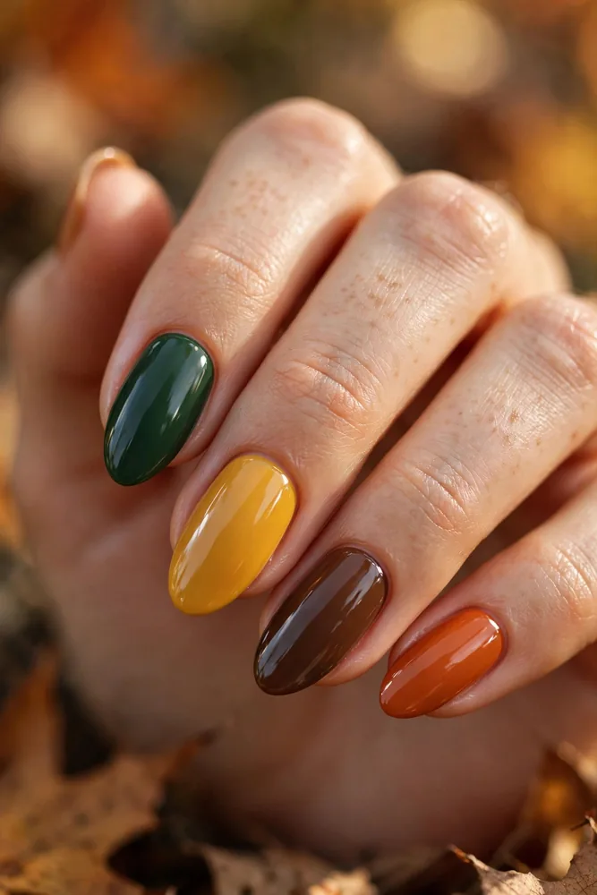Classic fall nail colors on almond-shaped nails