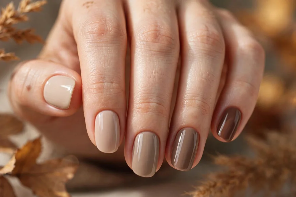 Nude gradient fall nails in muted neutral tones