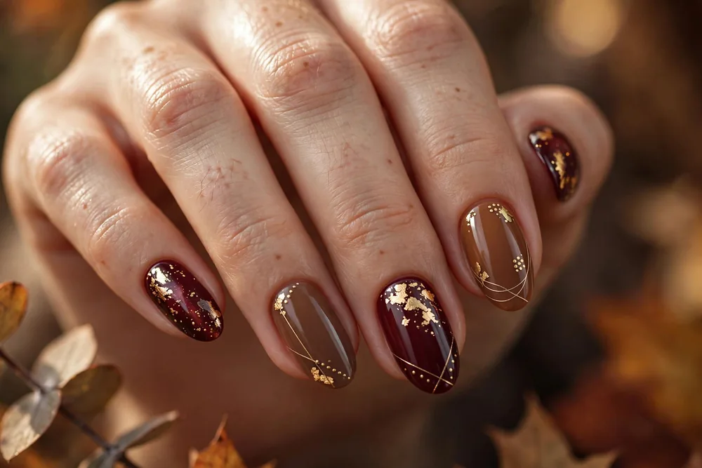 Fall nails with gold decals on nude and autumn shades