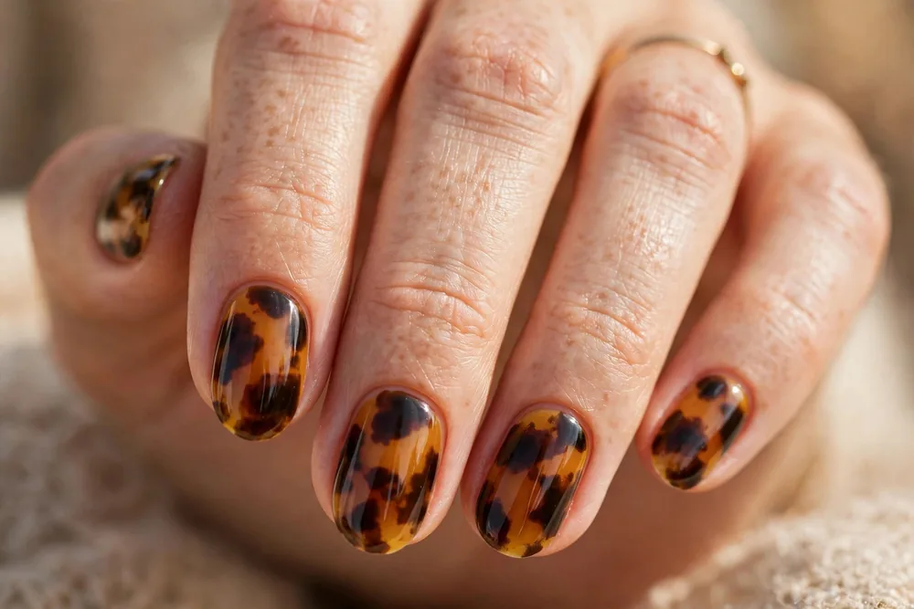 Tortoiseshell fall nails with amber and brown pattern