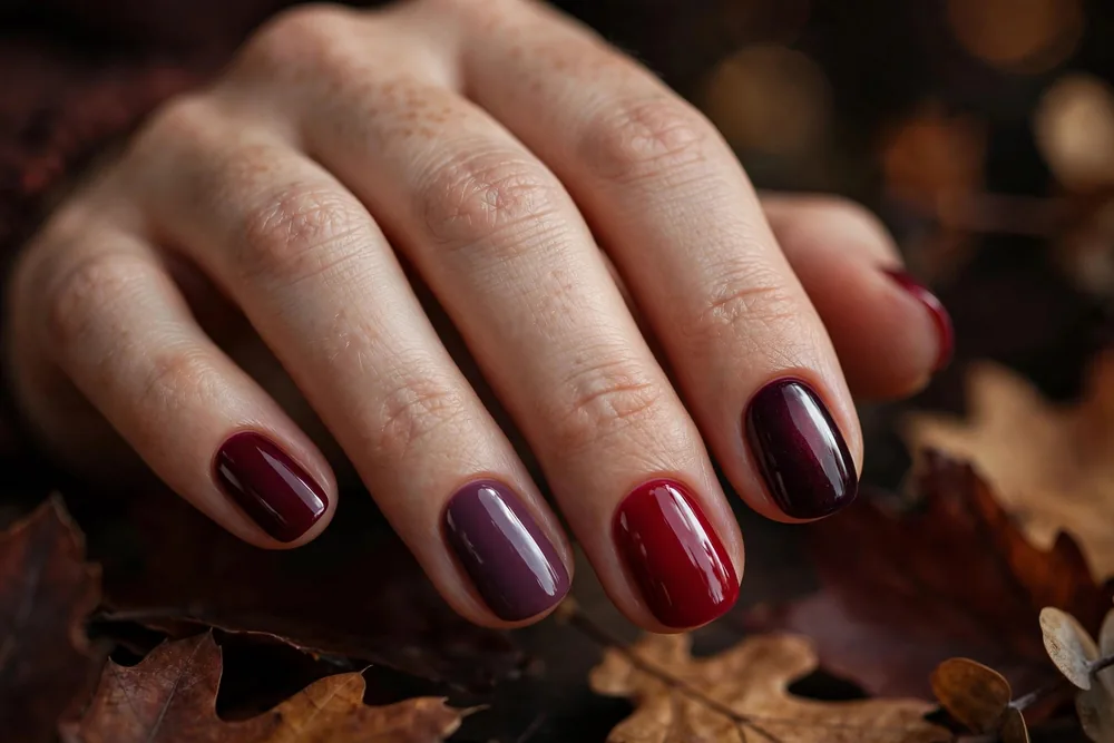 Berry-colored fall nails in burgundy and plum shades