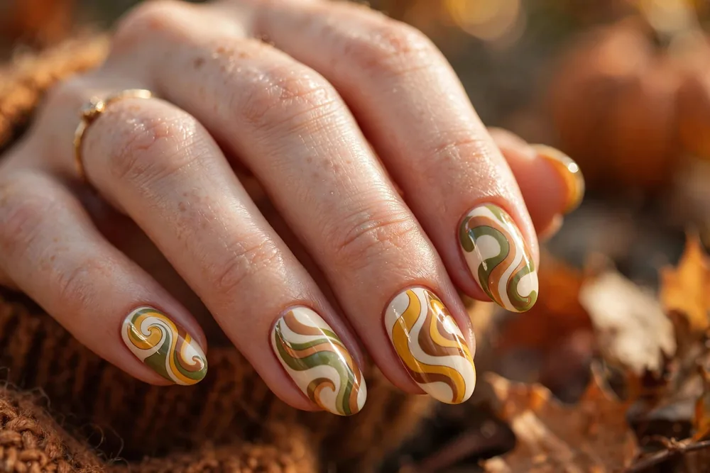 Abstract fall nails with earthy swirls in yellow, green and brown