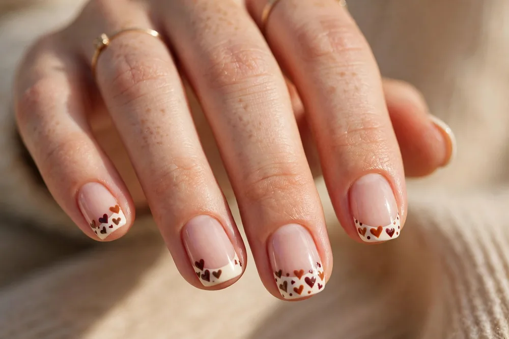 Fall nails with tiny layered hearts in brown and burgundy