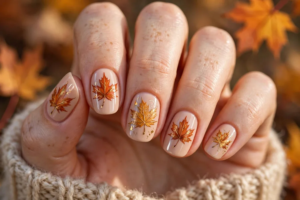 Maple leaf fall nails with hand-painted autumn leaf art