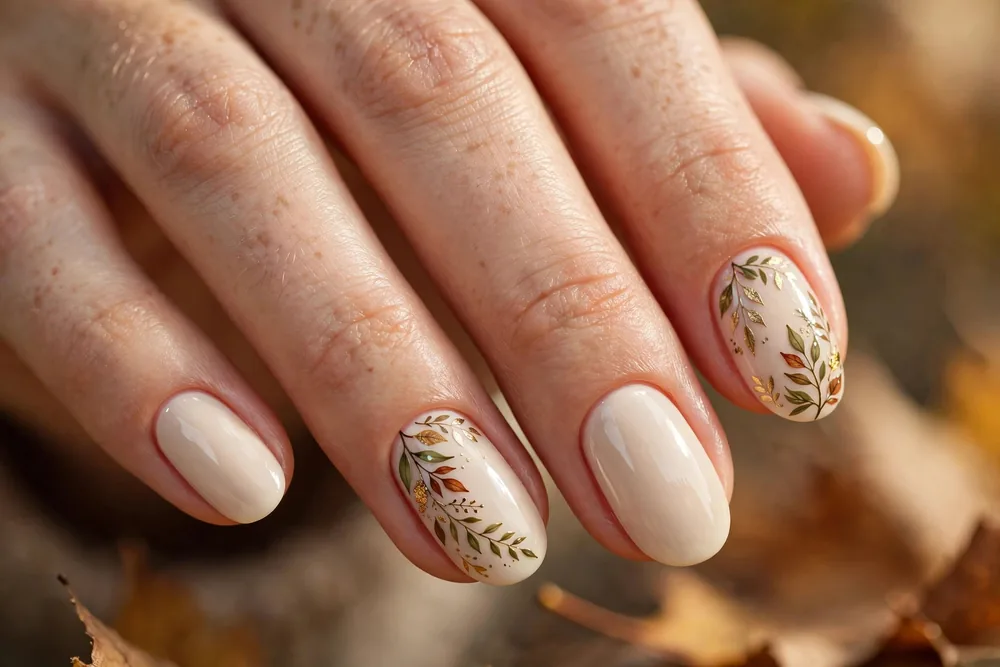 Hand-painted leaf fall nails with delicate foliage art